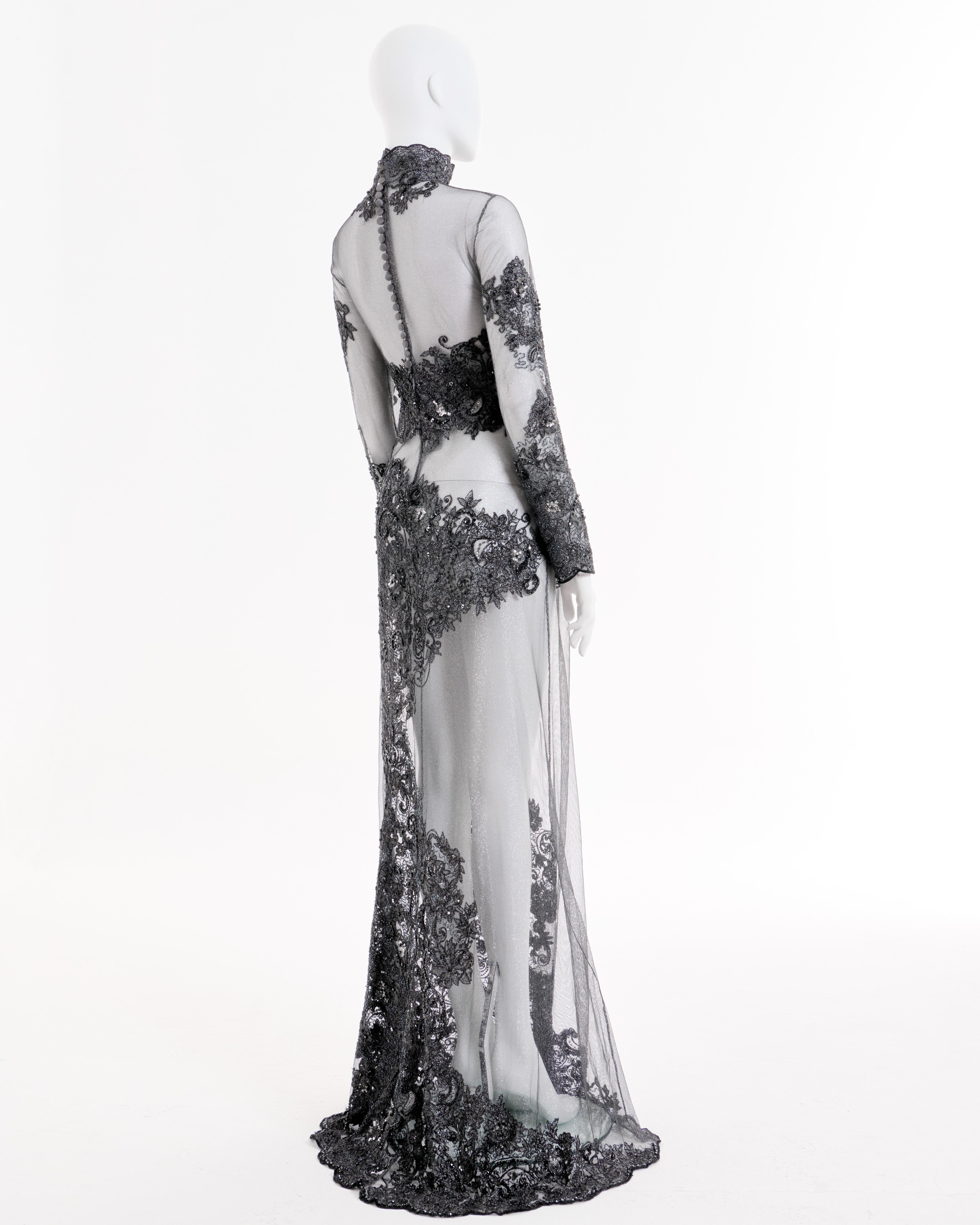 Rocco Barocco Couture F/W 1997 Semitransparent Floral Silver Silk Long Dress Unisexe en vente