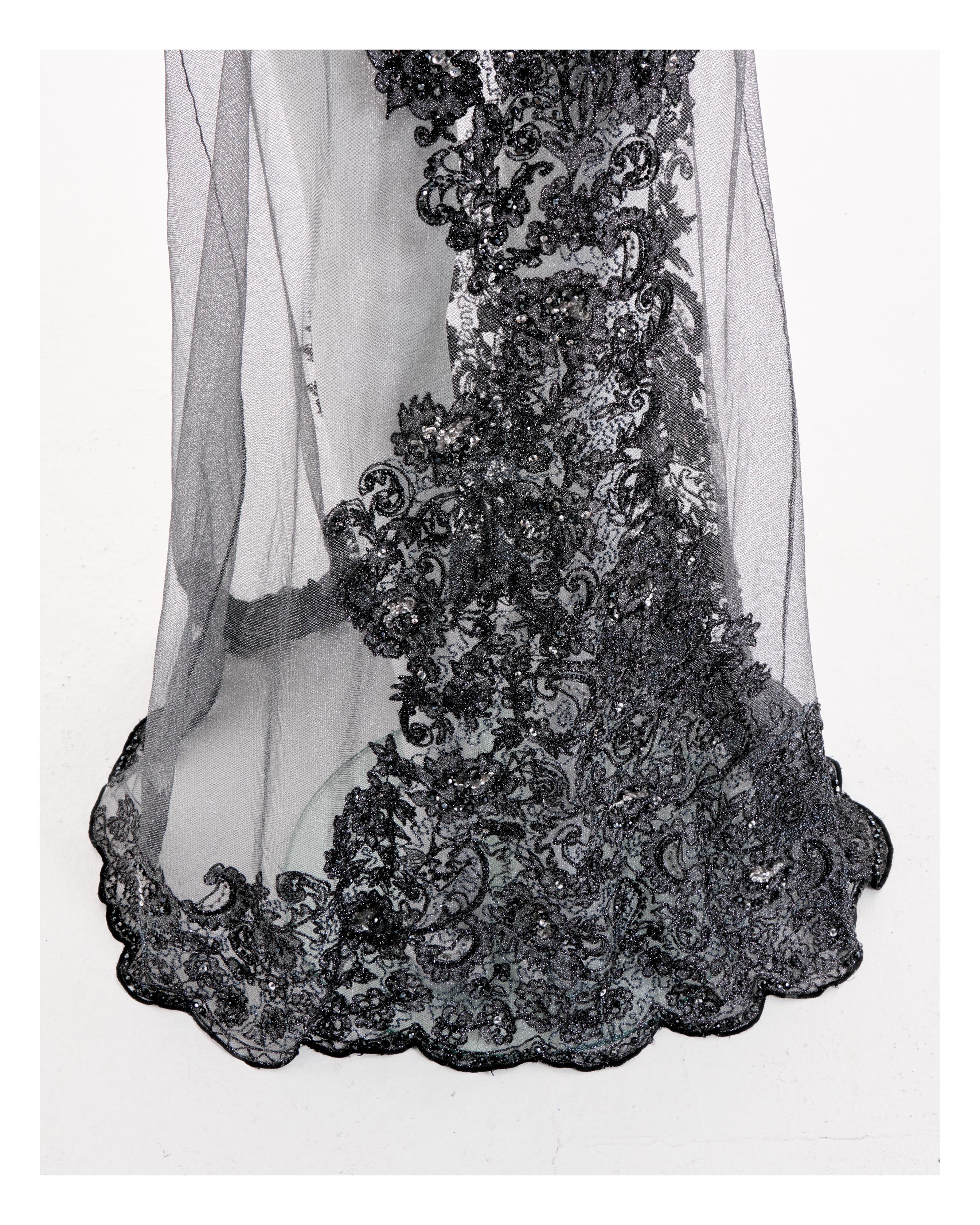 Rocco Barocco Couture F/W 1997 Semitransparent Floral Silver Silk Long Dress en vente 3