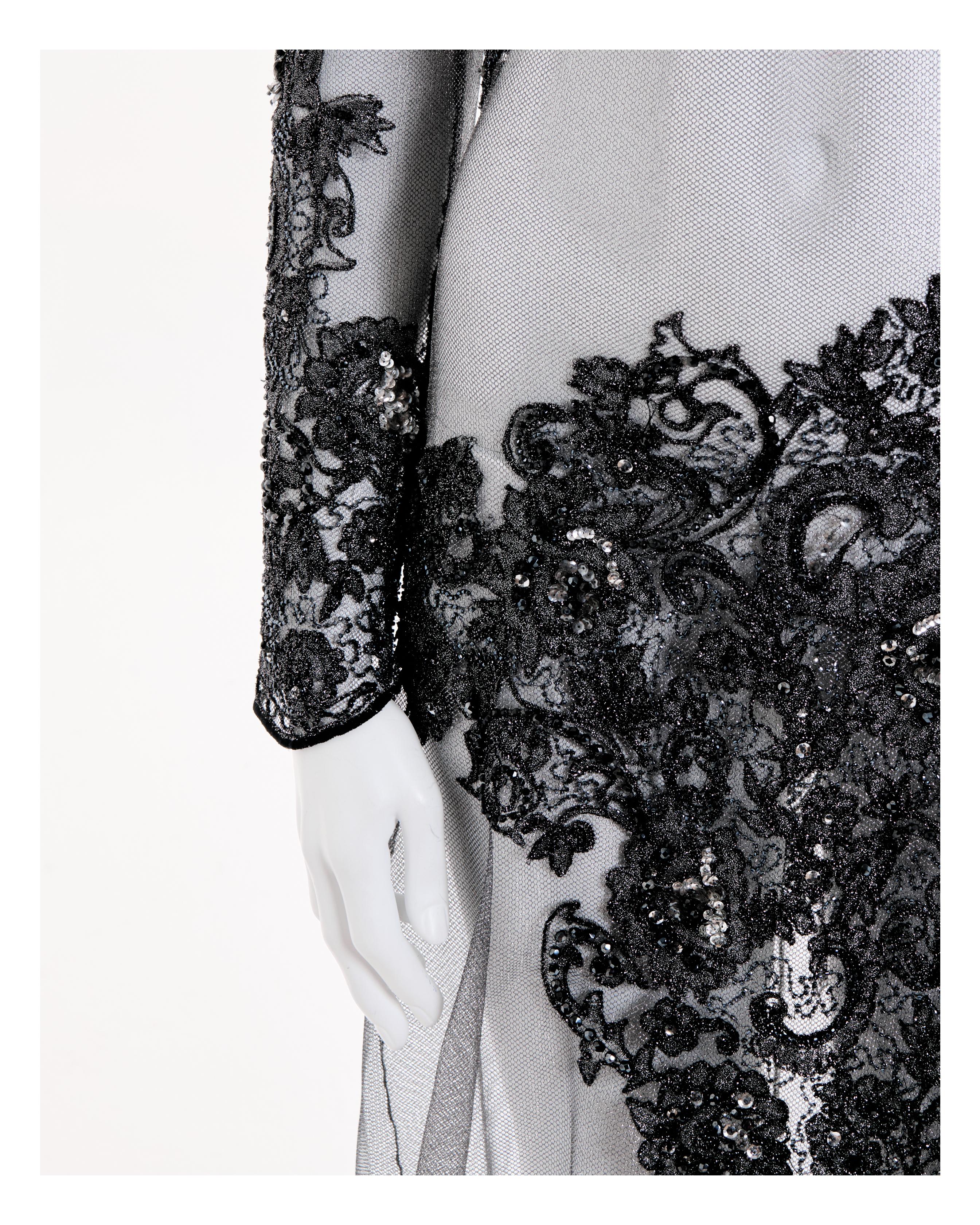 Rocco Barocco Couture F/W 1997 Semitransparent Floral Silver Silk Long Dress en vente 4