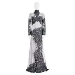 Rocco Barocco Couture F/W 1997 Semitransparent Floral Silver Silk Long Dress