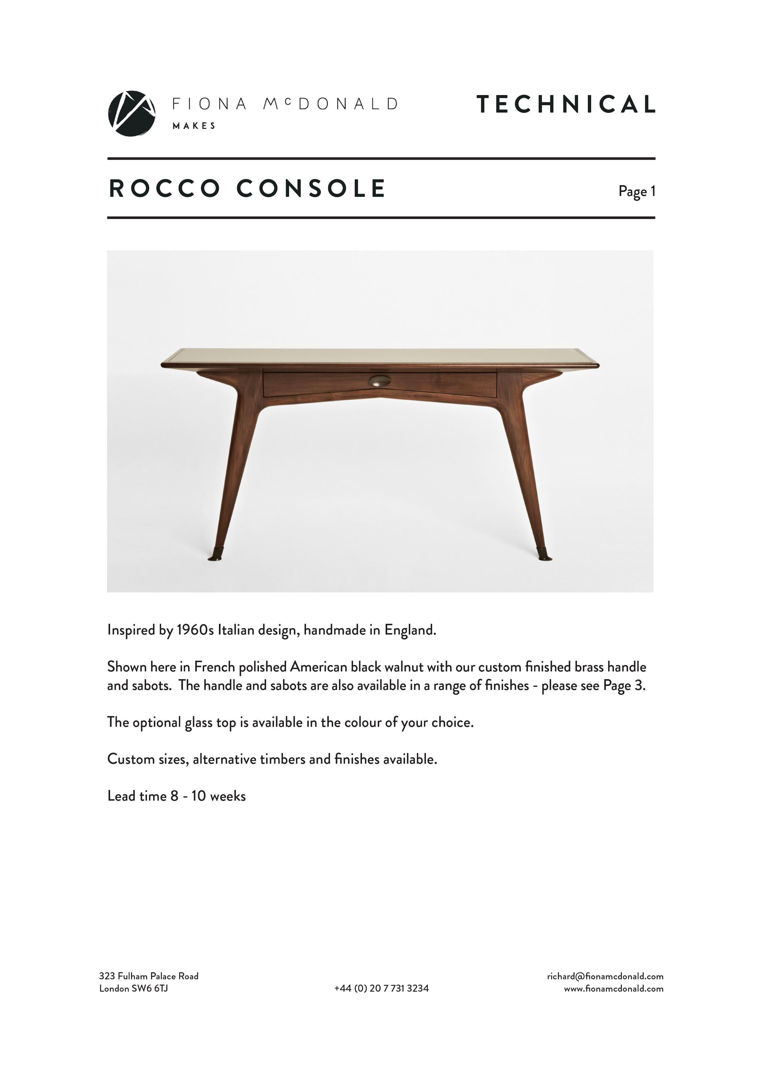 Contemporary Rocco Console or Side Table - Bespoke - French Polished Walnut with Brass Feet For Sale