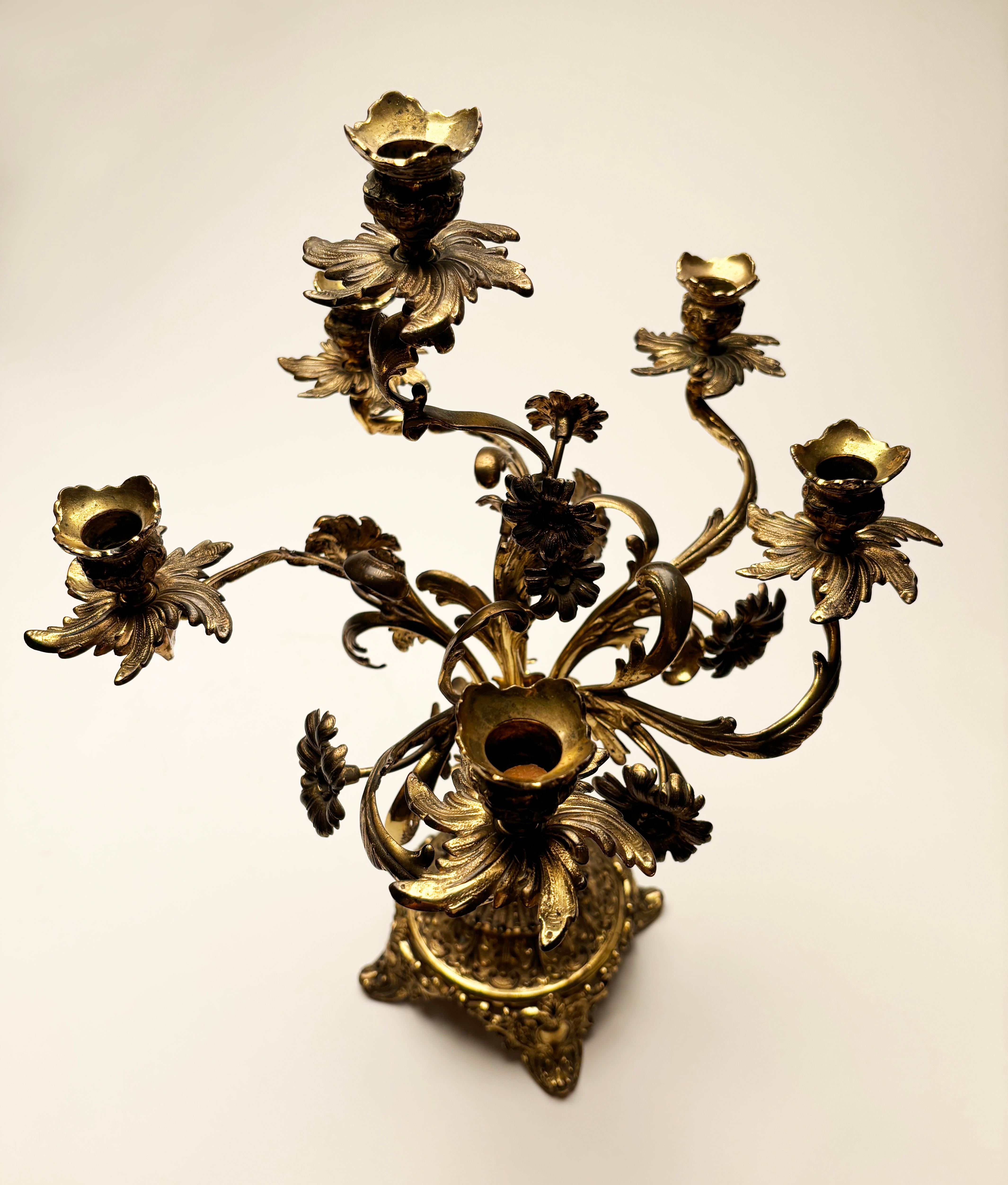 Questo splendido candelabro in bronzo in stile Rocco vanta 6 bracci a voluta che nascono da una struttura a forma di vaso che permette una piccola flessibilità dei bracci. Il design complessivo è splendidamente inciso con immensi dettagli e