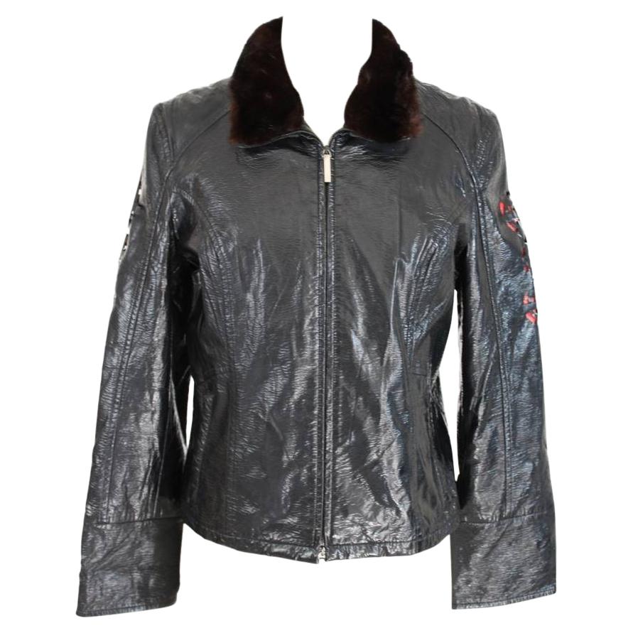 Roccobarocco Black Fur Faux Leather Biker Jacket