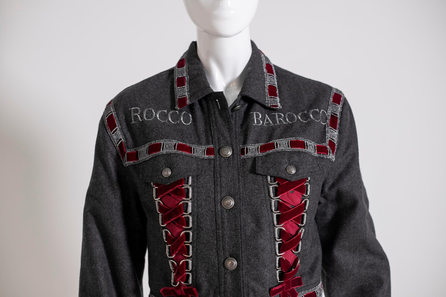 RoccoBarocco Jacket in Jeans and Red Velvet For Sale 6