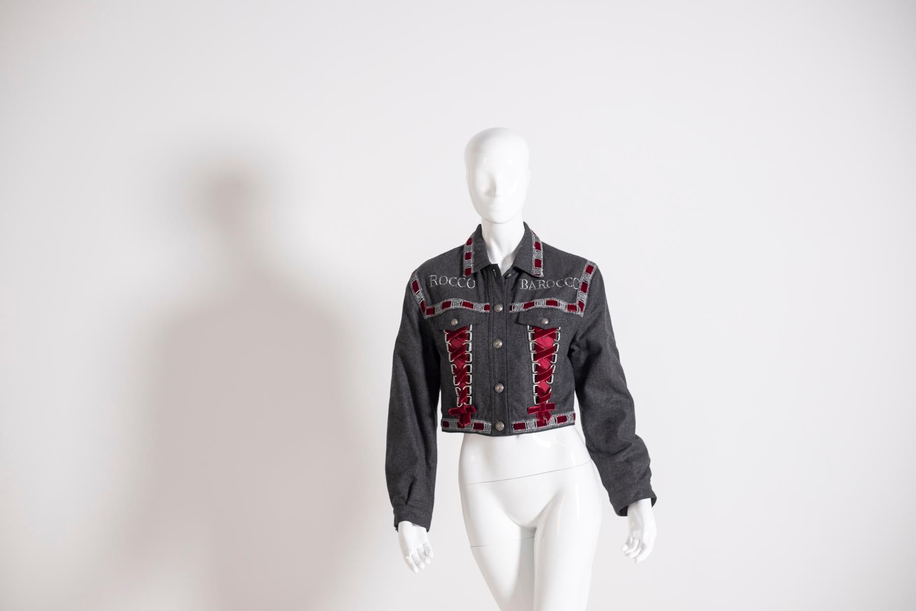 RoccoBarocco Jacket in Jeans and Red Velvet For Sale 8