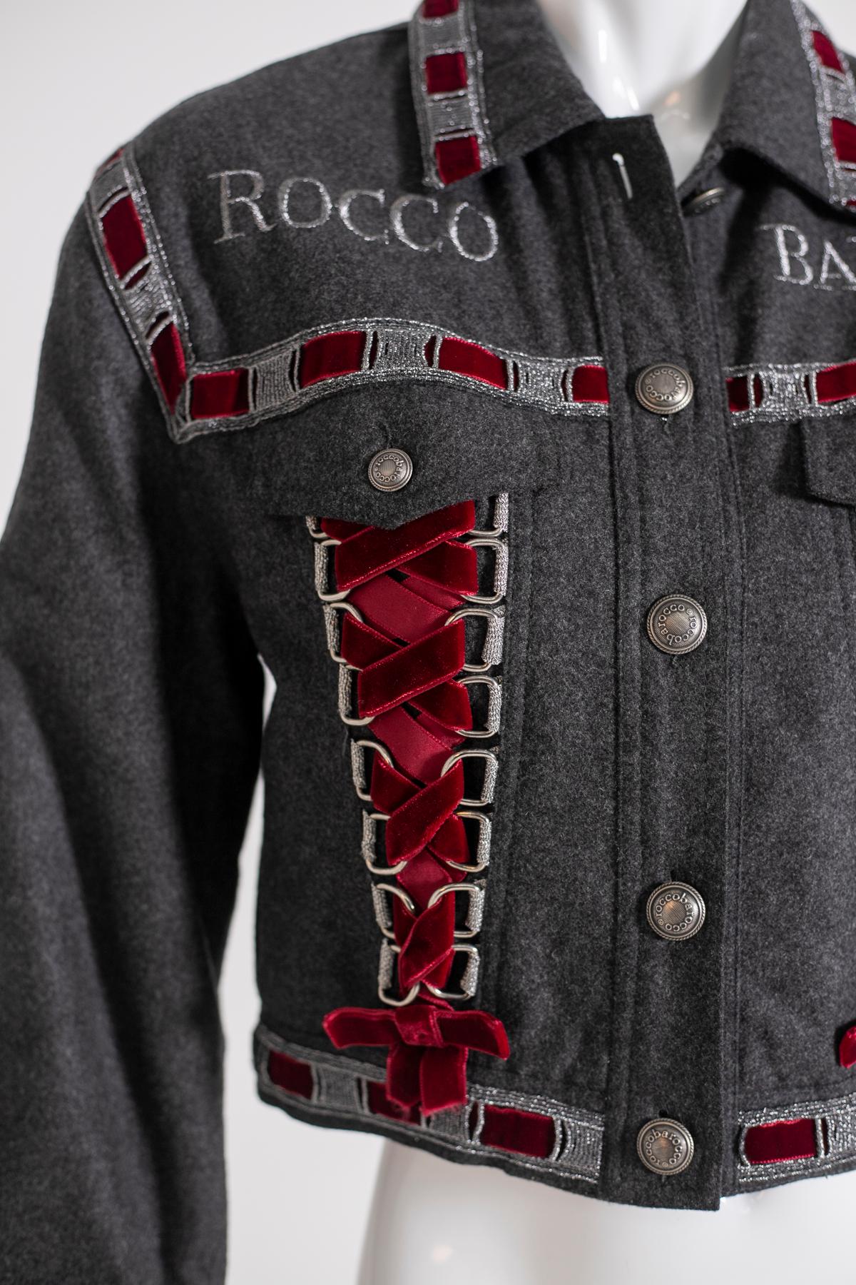 RoccoBarocco Jacket in Jeans and Red Velvet For Sale 2