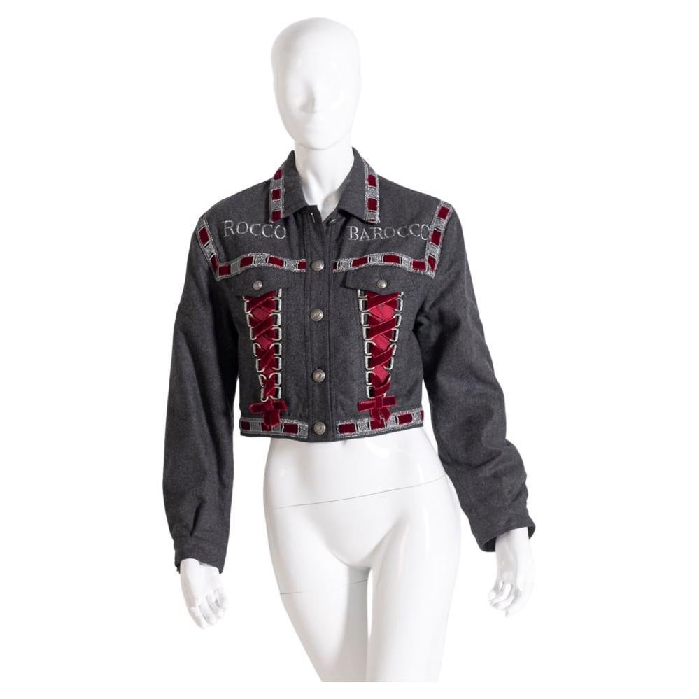 RoccoBarocco Jacket in Jeans and Red Velvet For Sale