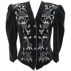 Roccobarocco Vintage Black Floral Sequin Embroidered Jacket, 1980s