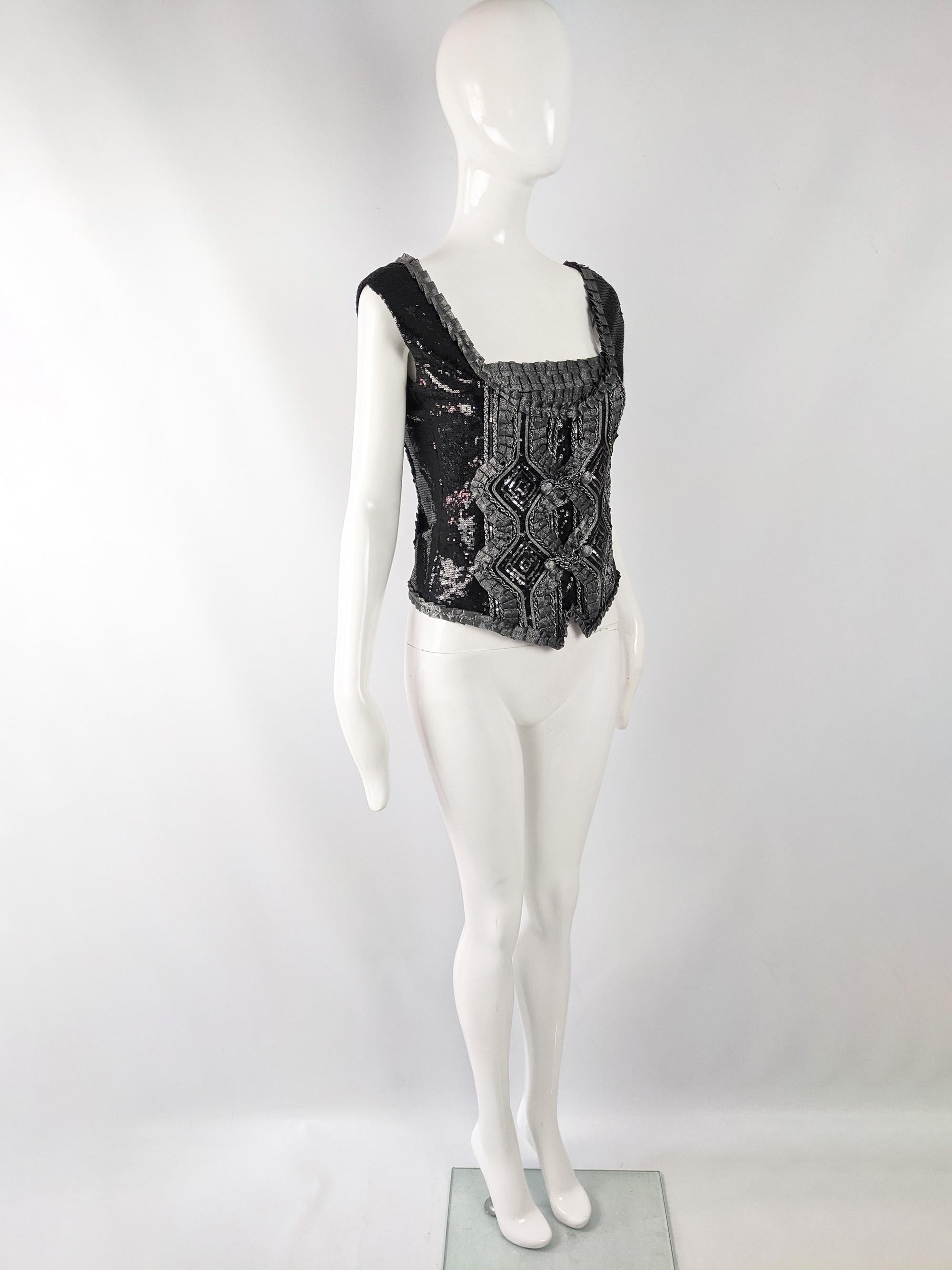 Black Roccobarocco Womens Hand Embroidered Sequin Bodice Party Top - NWT