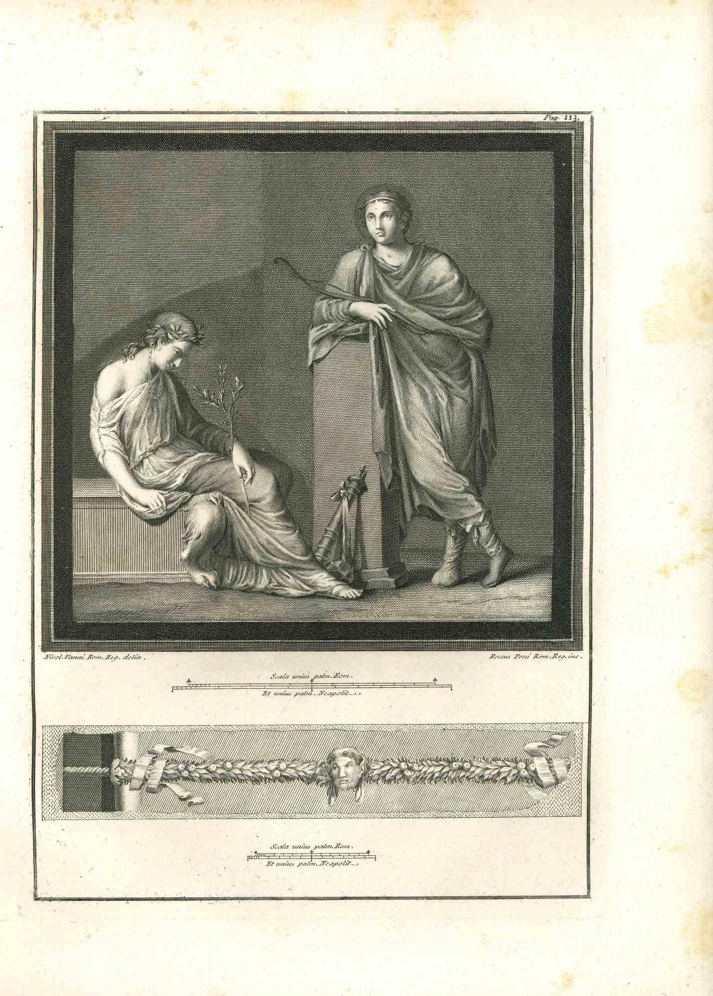 Roccus Pozzi, Nicola Vanni Figurative Print – Antikes römisches Gemälde - Original-Radierung von R. Pozzi, N. Vanni - 18. Jahrhundert
