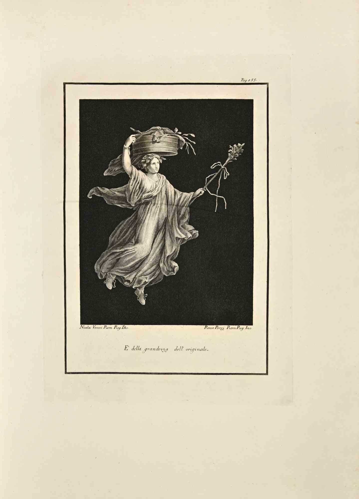 A Bacchante Carrying A Large Basket from "Antiquities of Herculaneum" is an etching on paper realized by Roccus Pozzi in the 18th Century.

Signed on the plate.

Good conditions and aged with some folding.

The etching belongs to the print suite