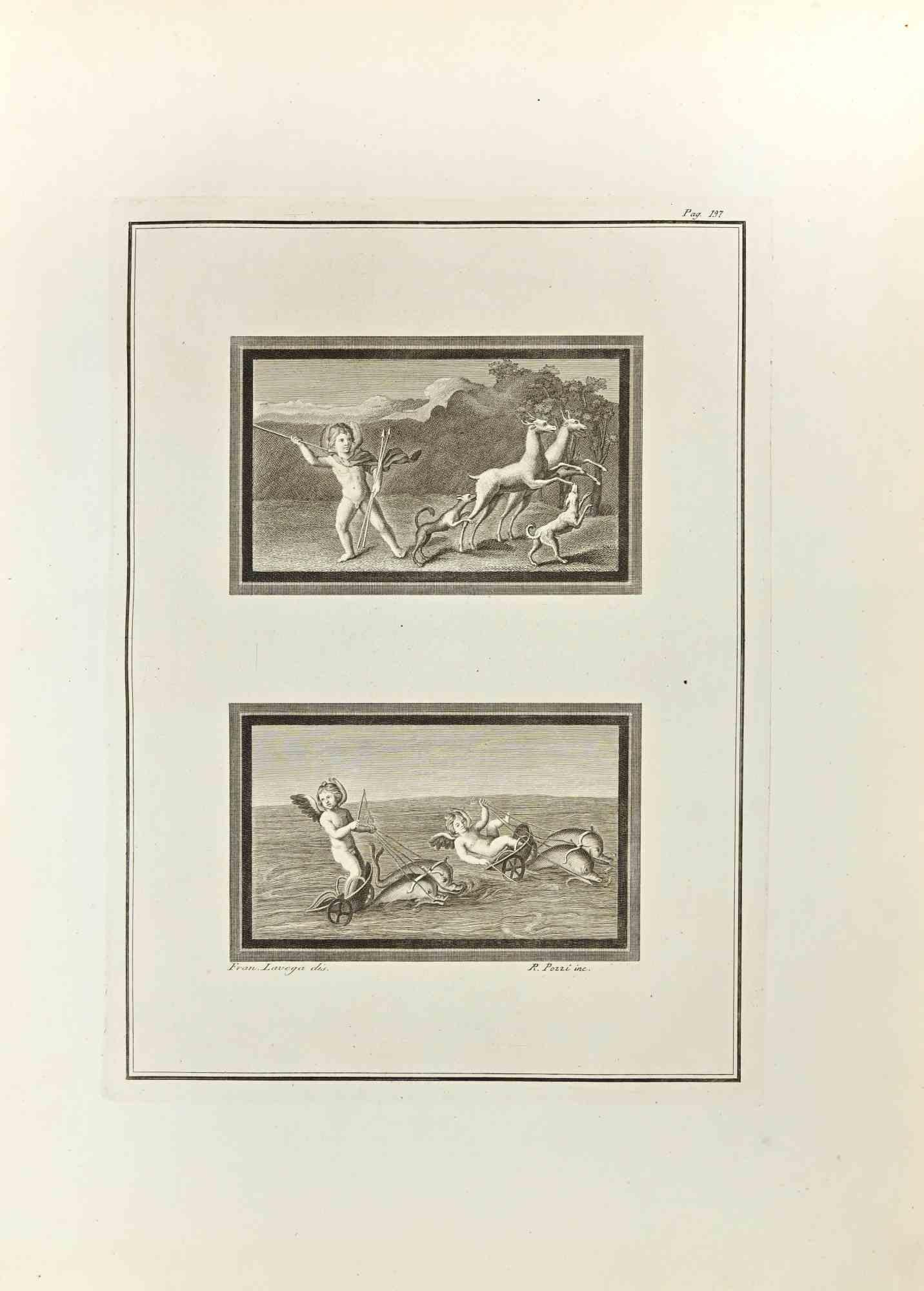 Hunting Cupid from "Antiquities of Herculaneum" is an etching on paper realized by Roccus Pozzi in the 18th Century.

Signed on the plate.

Good conditions. 

The etching belongs to the print suite “Antiquities of Herculaneum Exposed” (original