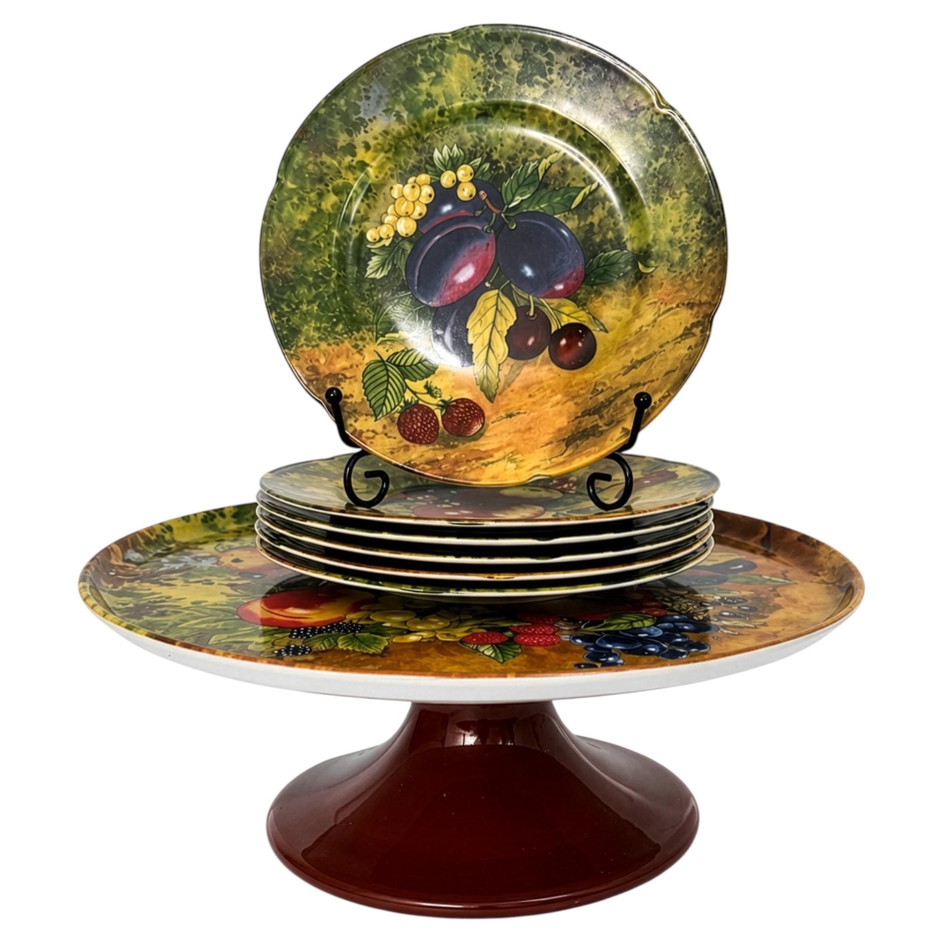 Rochard Limoges Fruit Dessert Service & Porcelain Cake Stand Set For Sale
