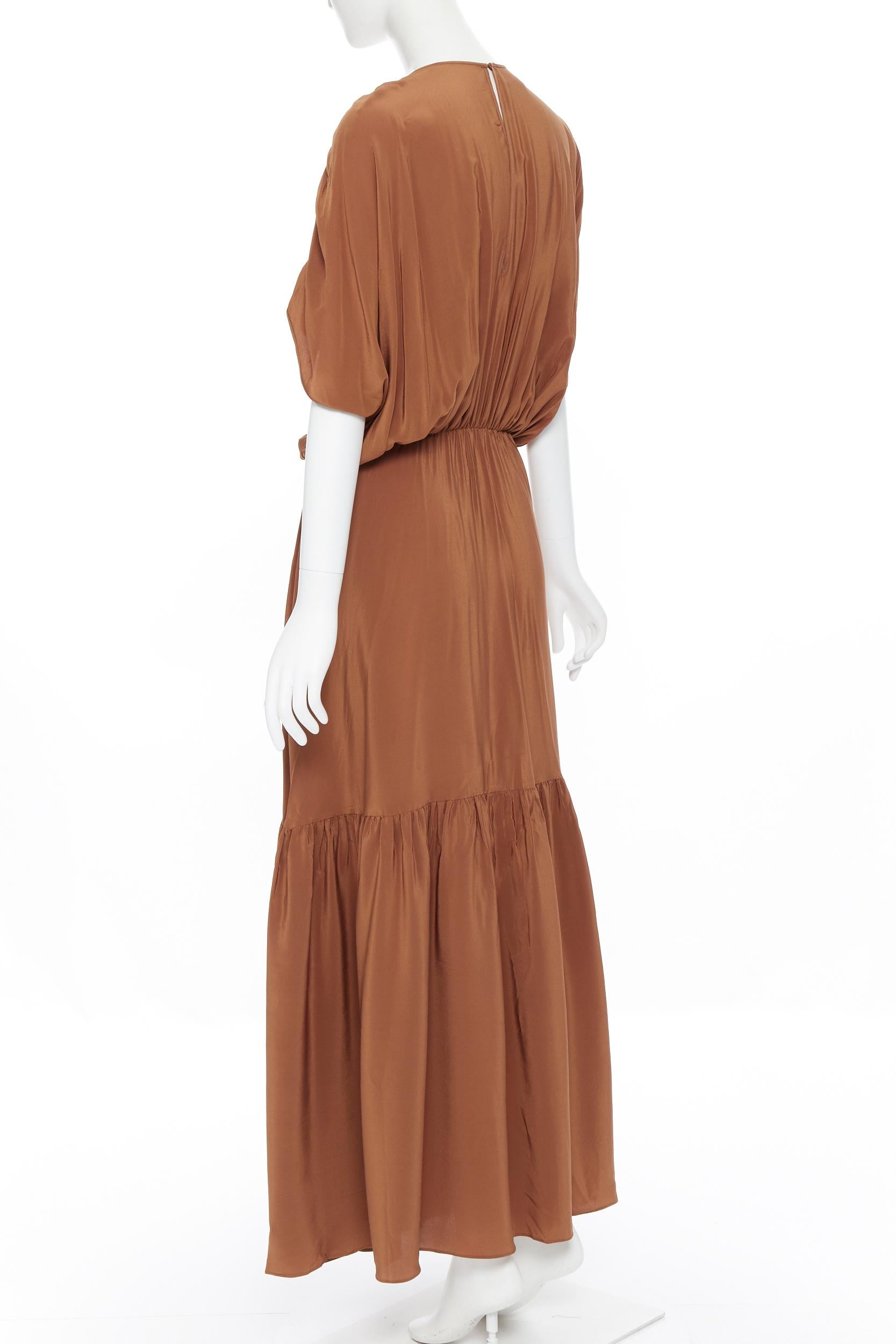 Brown ROCHAS 100% silk brown shirred short sleeve maxi dress IT38 S