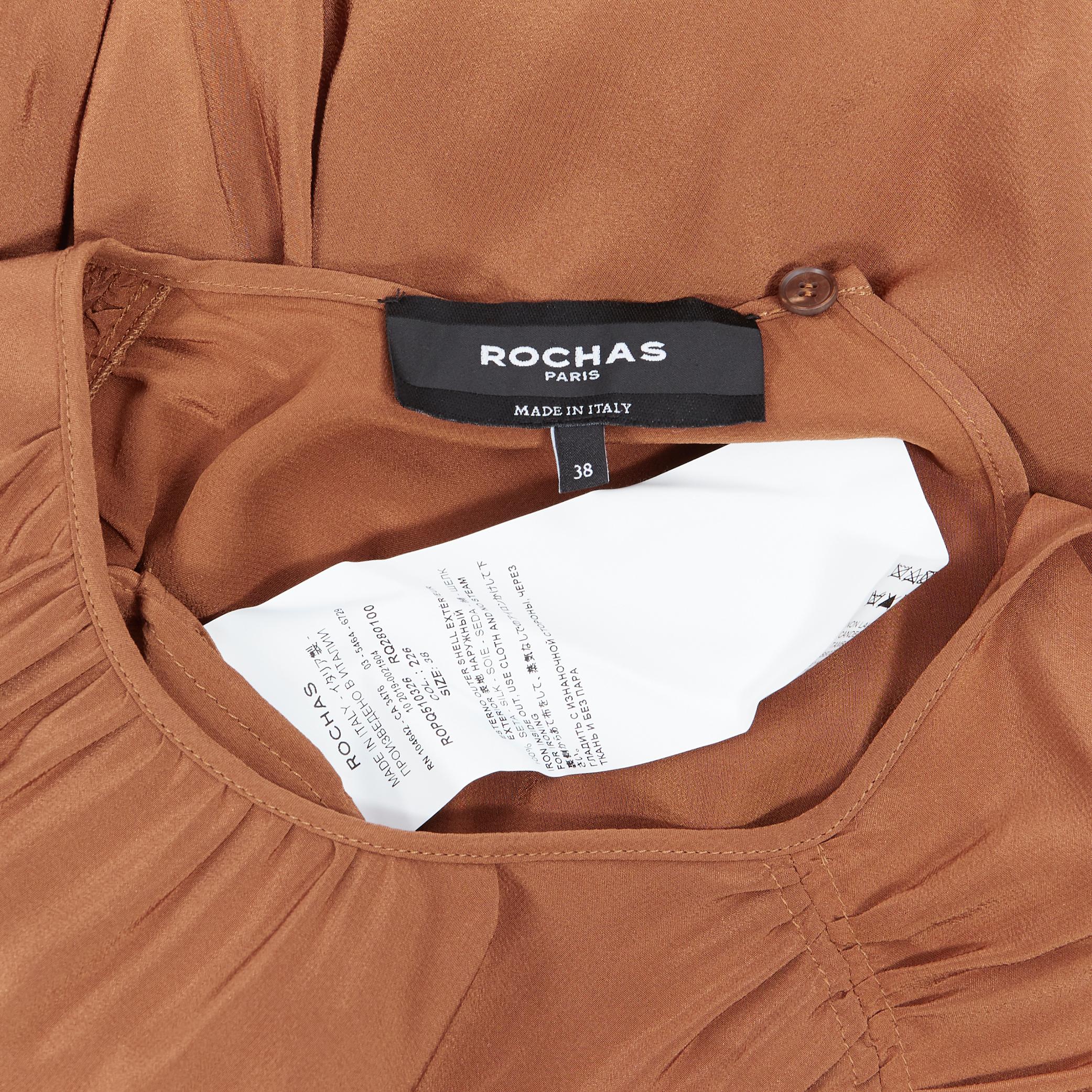 ROCHAS 100% silk brown shirred short sleeve maxi dress IT38 S 1