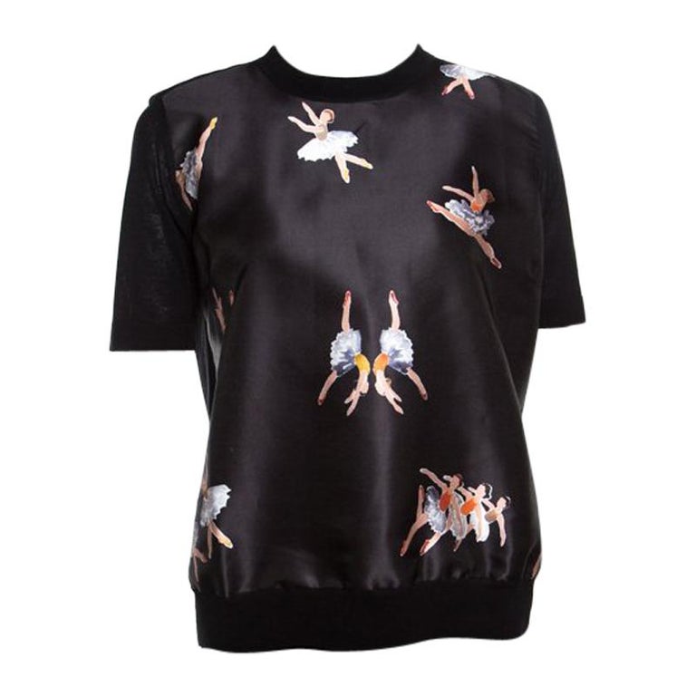 Rochas Black Ballerina Printed Satin and Knit Short Sleeve Top L For