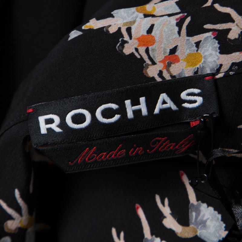 Rochas Black Ballerina Printed Silk Long Sleeve Shirt Dress L 1