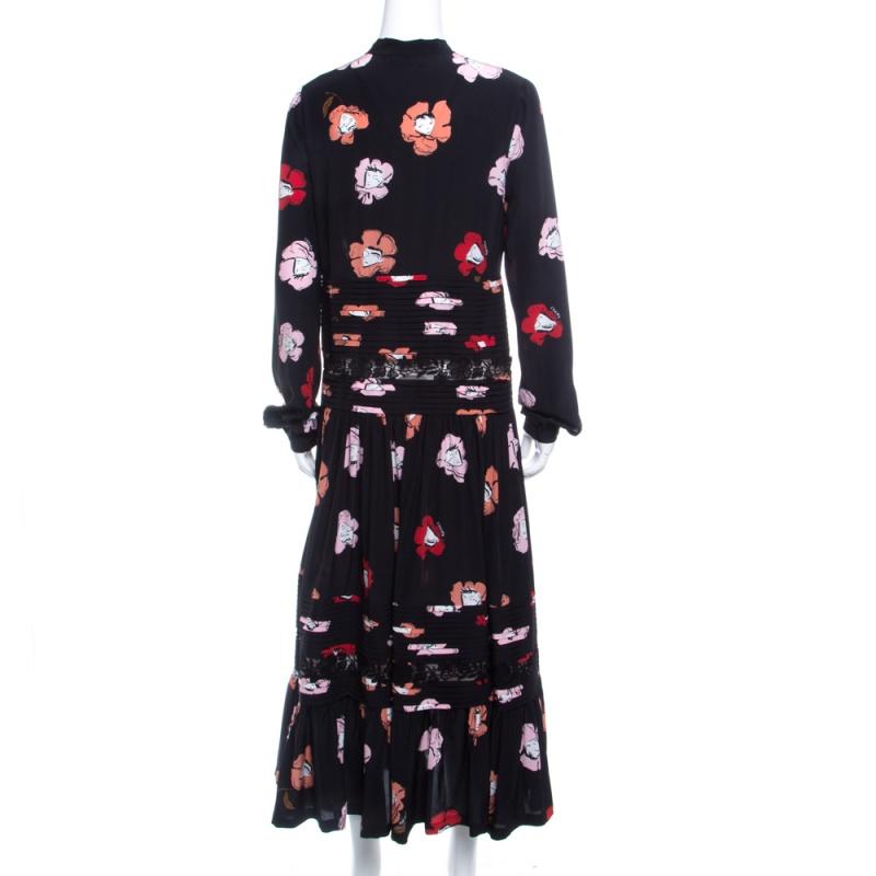 Rochas Black Floral Printed Silk Lace Trim Pintuck Detail Midi Dress M In Good Condition In Dubai, Al Qouz 2