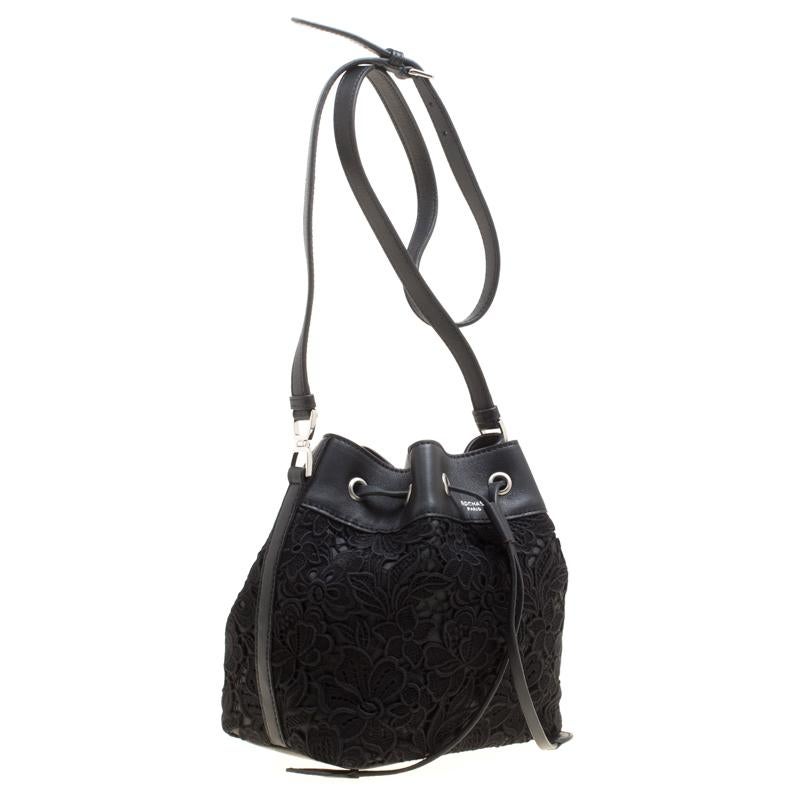 Rochas Black Lace and Leather Mini Duffle Drawstring Bucket Bag 5