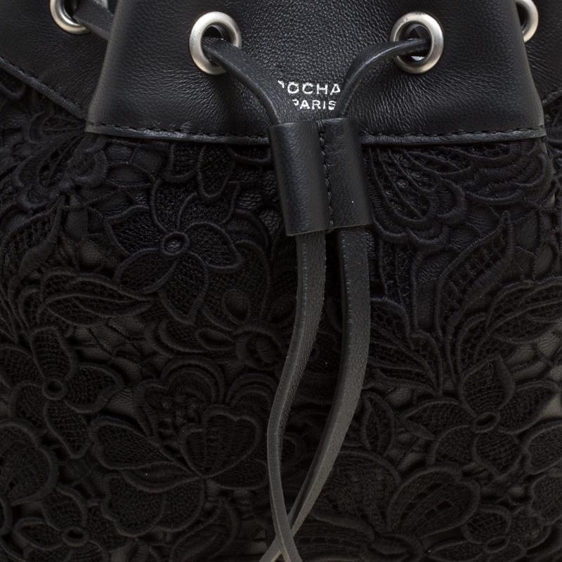 Rochas Black Lace and Leather Mini Duffle Drawstring Bucket Bag In New Condition In Dubai, Al Qouz 2