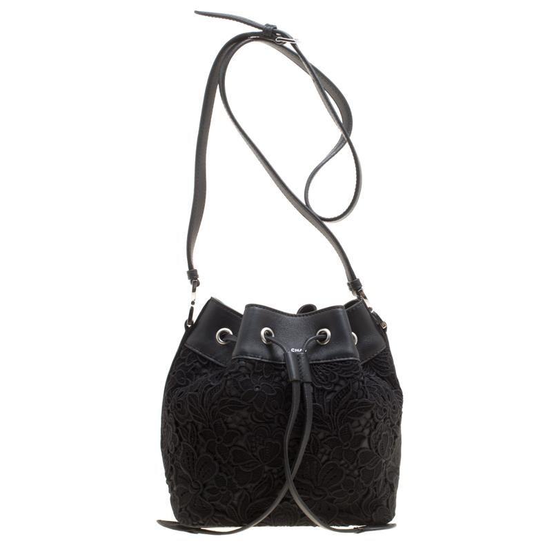 Rochas Black Lace and Leather Mini Duffle Drawstring Bucket Bag