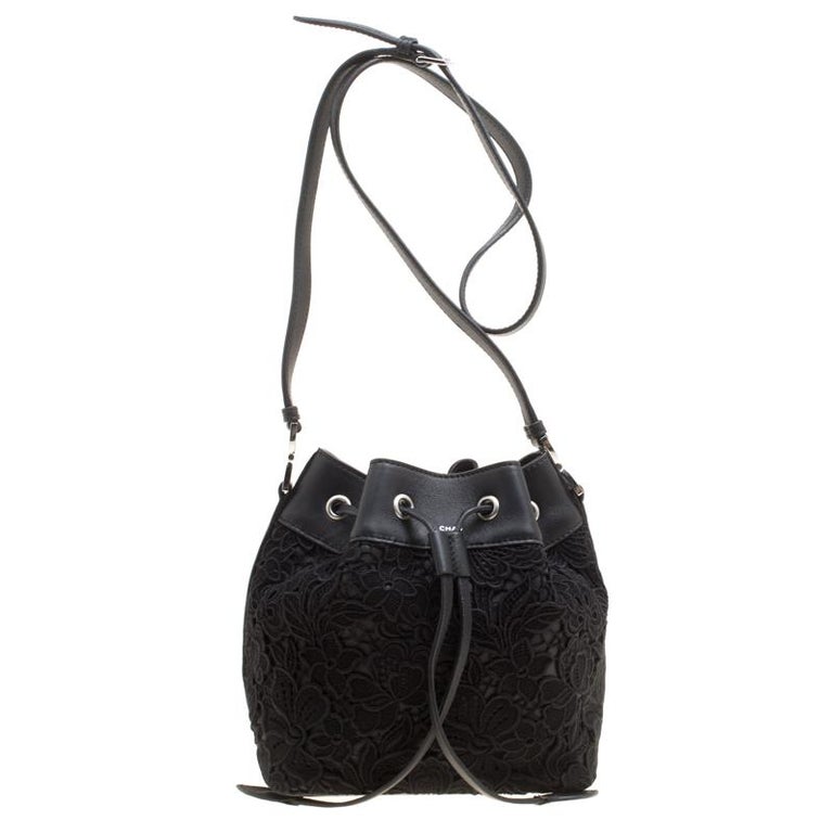Rochas Black Lace and Leather Mini Duffle Drawstring Bucket Bag For