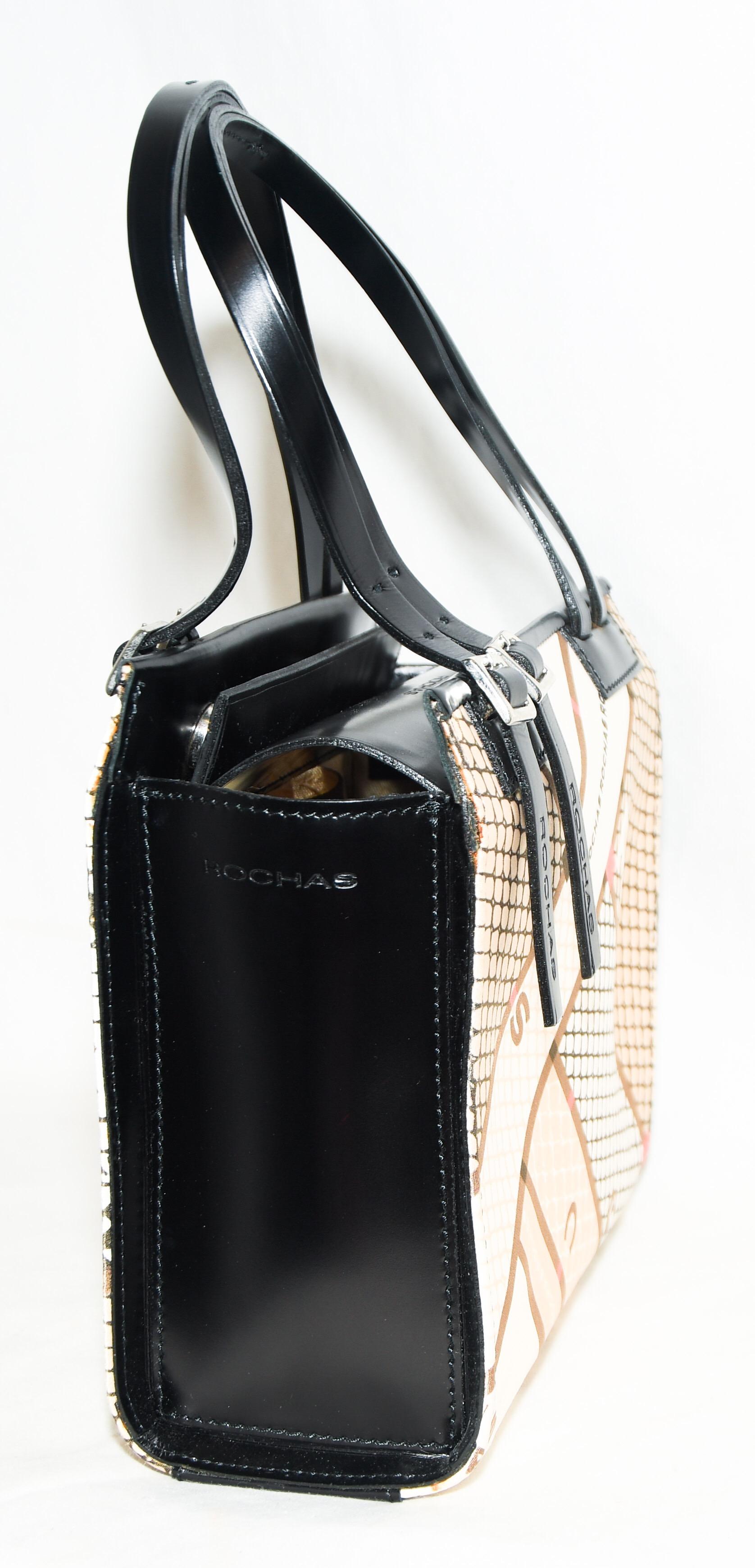 White Rochas Black Leather and Silk Multi Exterior Top Handle Bag For Sale