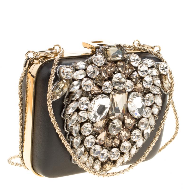 Rochas Black Leather Crystal Embellished Clutch 6