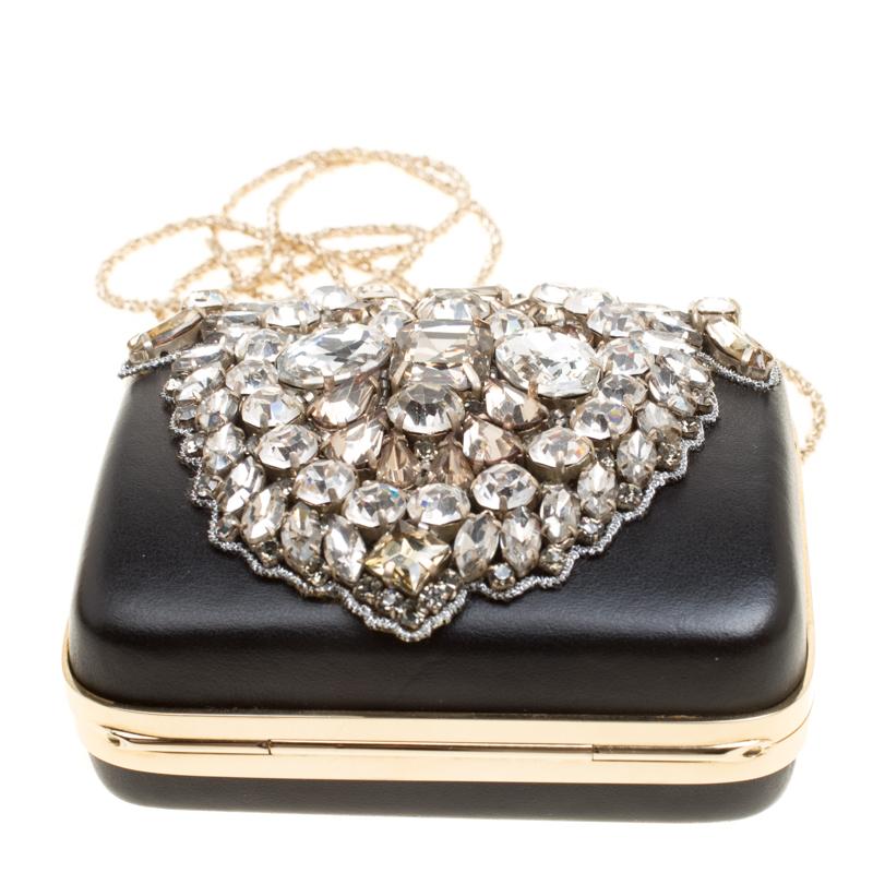 Rochas Black Leather Crystal Embellished Clutch In Good Condition In Dubai, Al Qouz 2