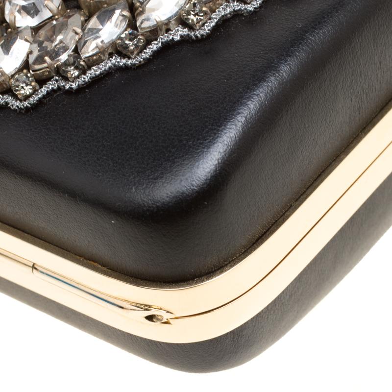 Women's Rochas Black Leather Crystal Embellished Clutch