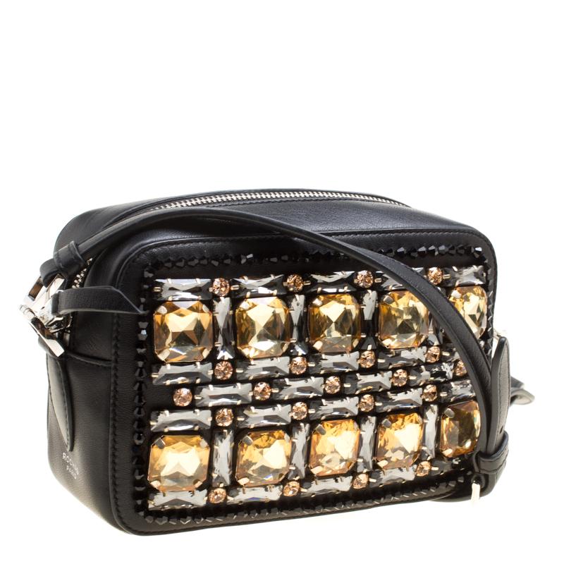 Women's Rochas Black Leather Crystal Embellished Crossbody Bag