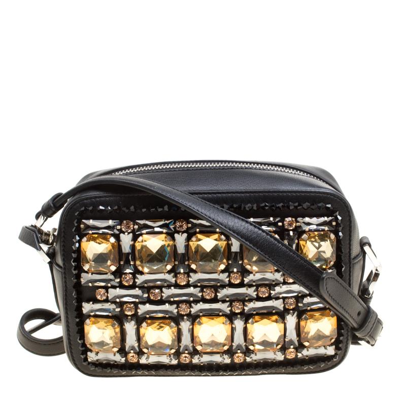 Rochas Black Leather Crystal Embellished Crossbody Bag