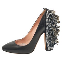 Rochas Black Leather Embellished Block Heel Pumps Size 39