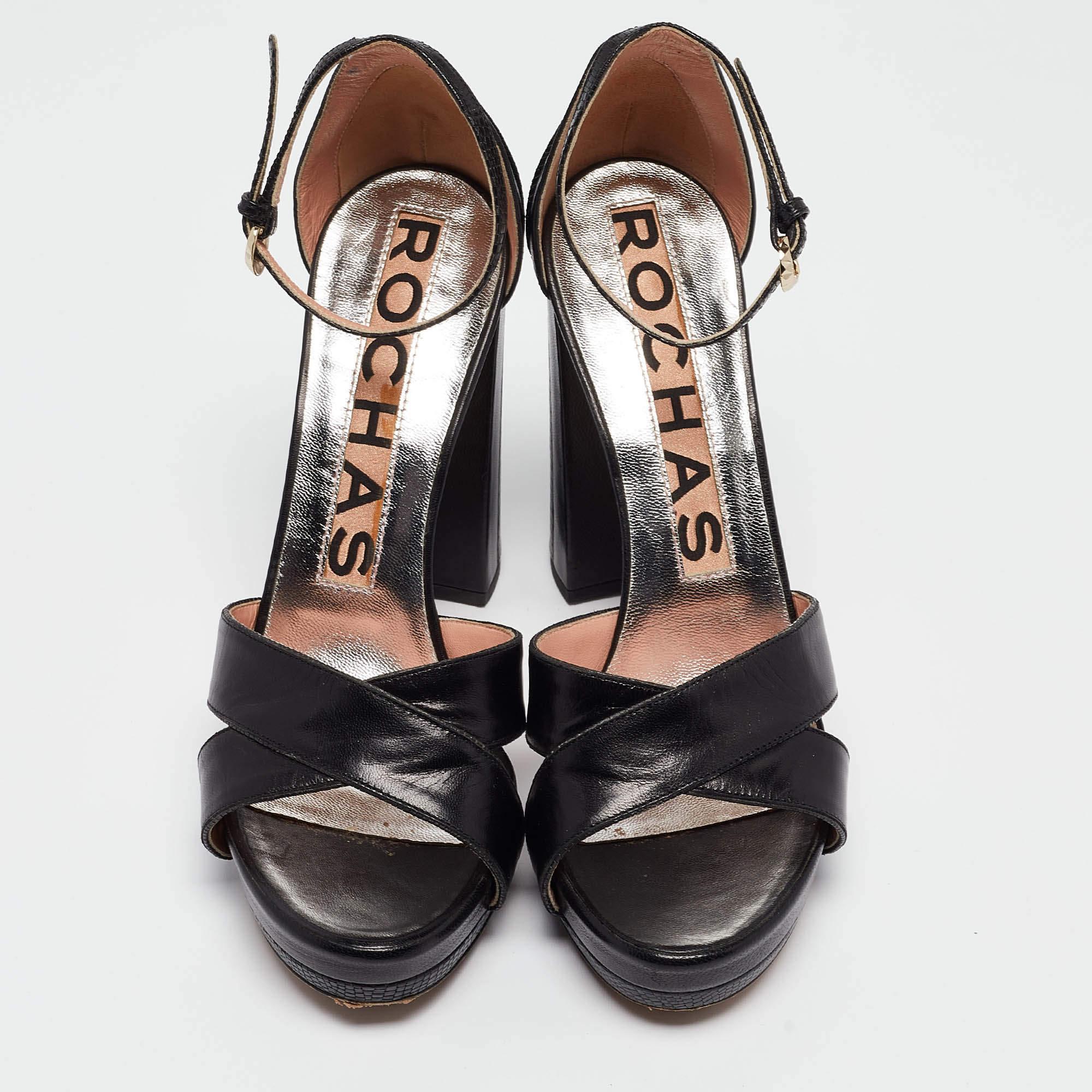 Rochas Black Leather Platform Ankle Strap Sandals Size 39 In Good Condition For Sale In Dubai, Al Qouz 2