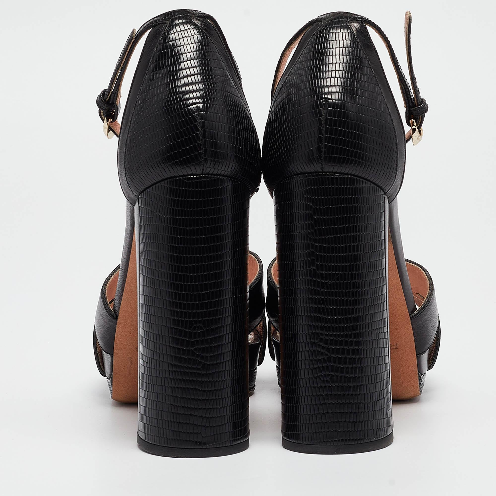 Rochas Black Leather Platform Ankle Strap Sandals Size 39 For Sale 1