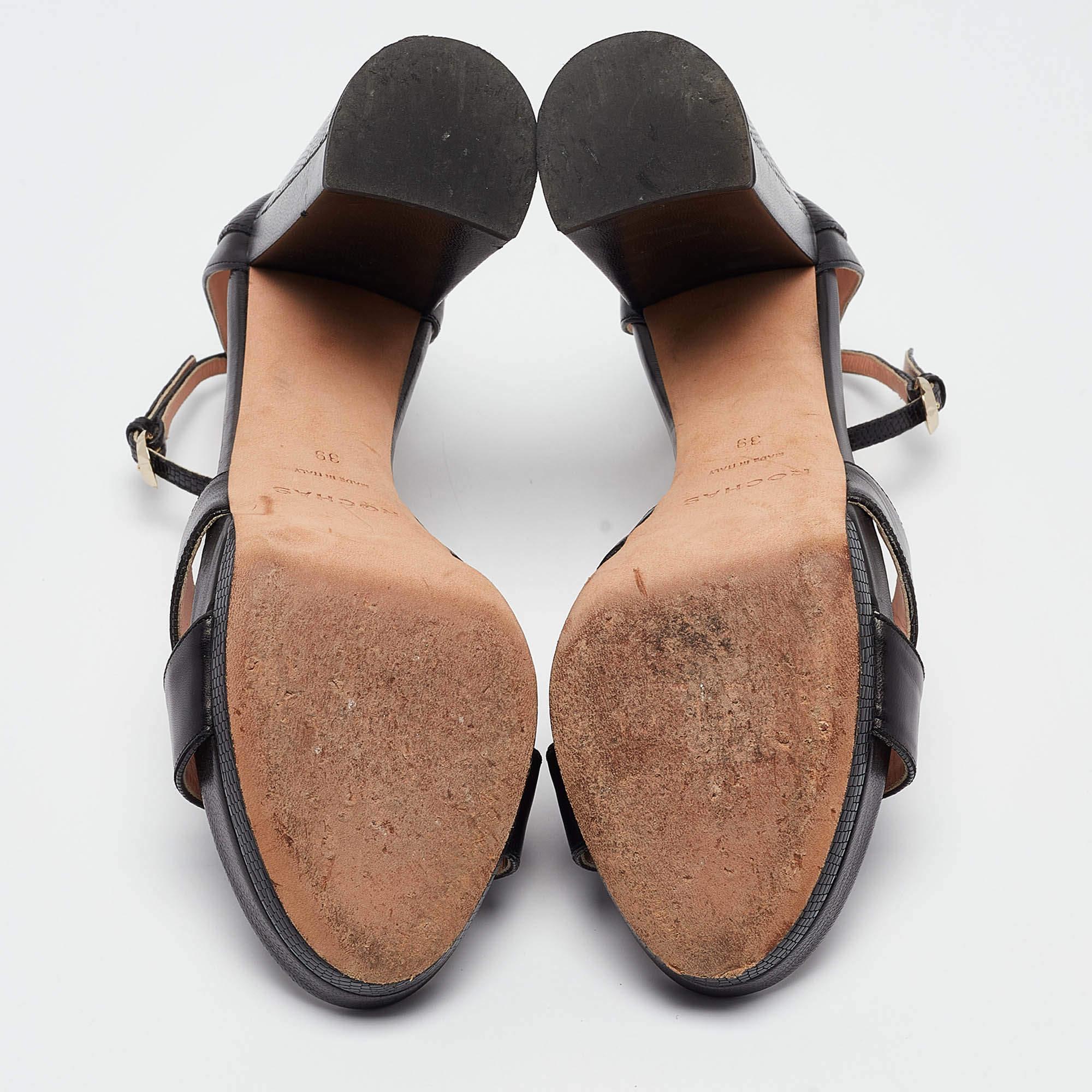 Rochas Black Leather Platform Ankle Strap Sandals Size 39 For Sale 2