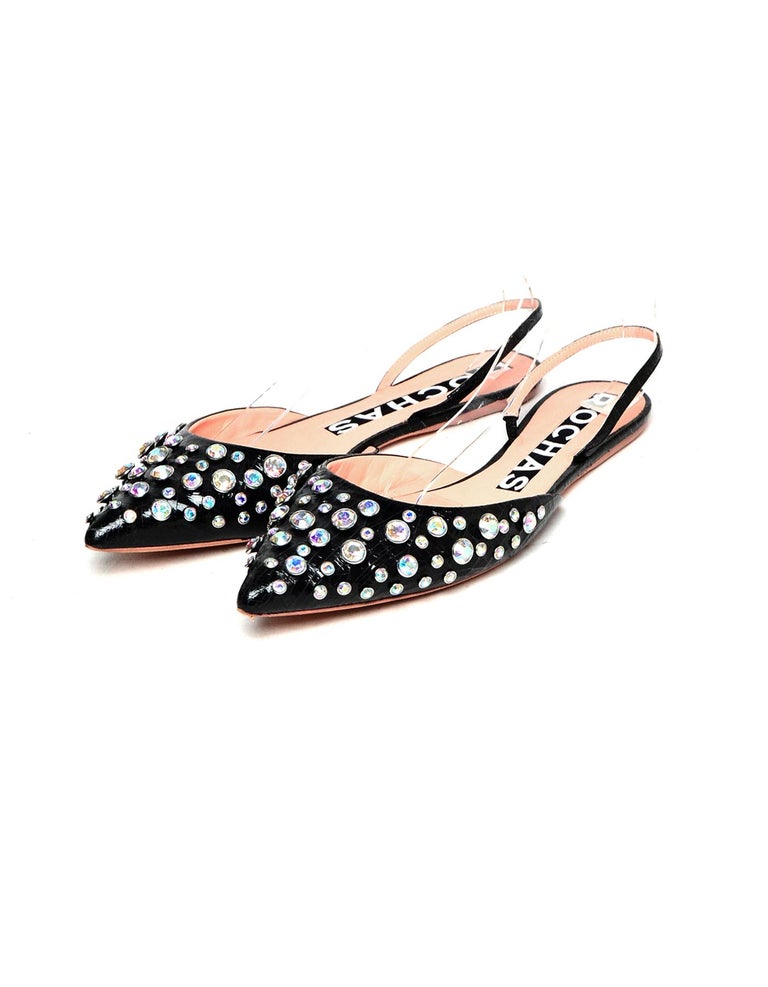 Rochas Black Point Toe Flats W/ Crystal Embellishment Sz 39 For Sale at