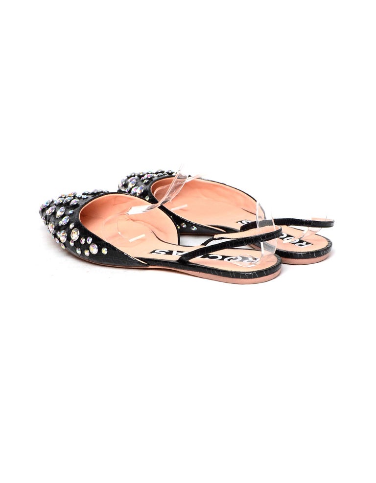 Rochas Black Point Toe Flats W/ Crystal Embellishment Sz 39 For Sale at