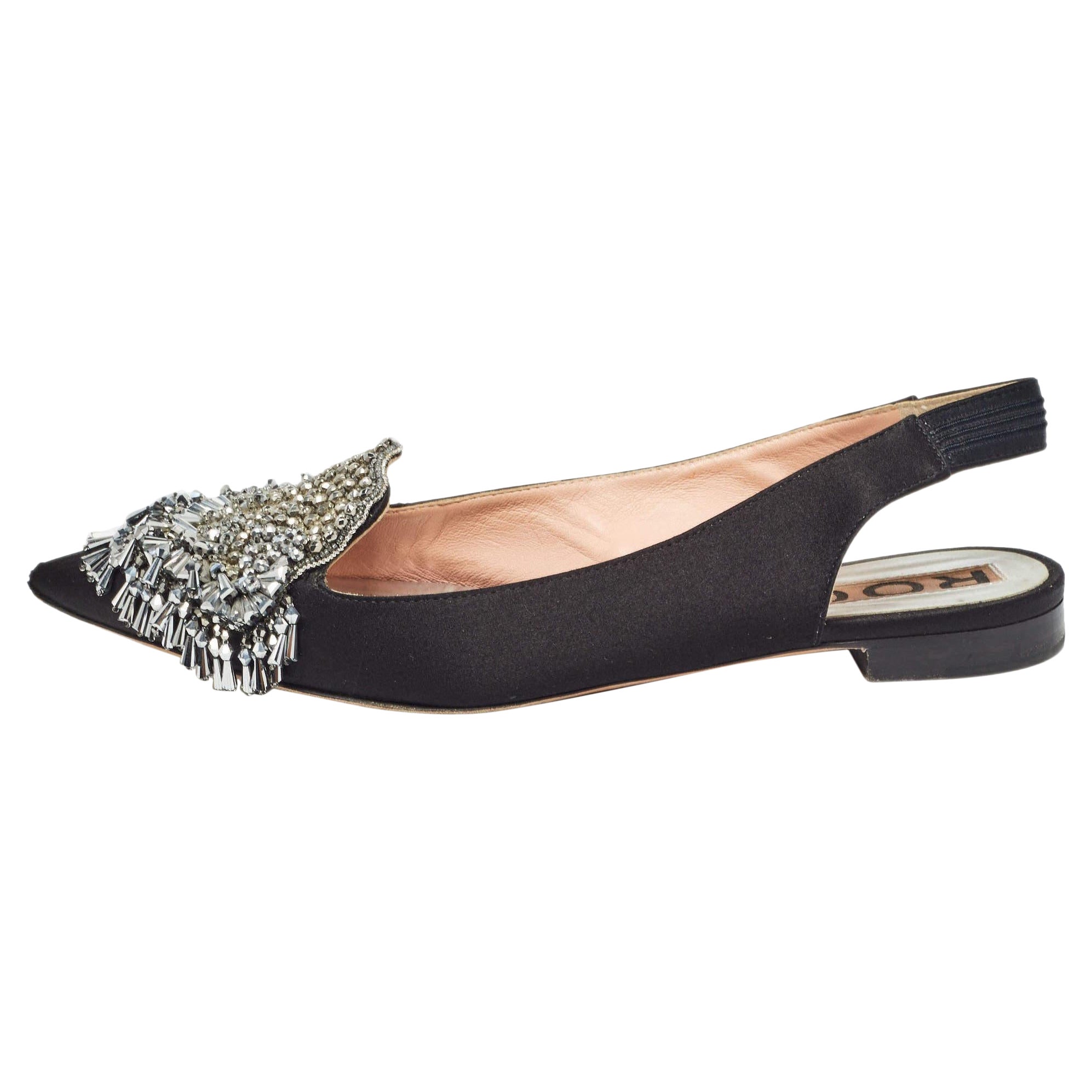 Rochas Sandales plates à talon aiguille en satin noir avec ornements en cristal Taille 36 en vente