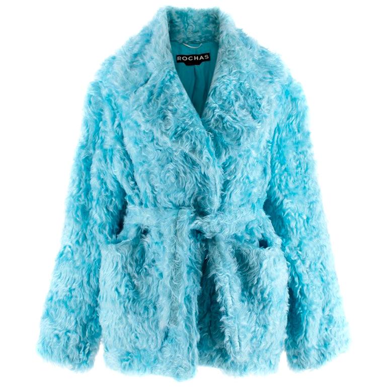Rochas Blue Faux Fur Belted Coat US6