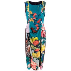 Rochas Blue Floral Jacquard Draped Dress XL 48 IT