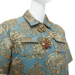 ROCHAS blue gold jacquard beaded insects button dress FR40 L