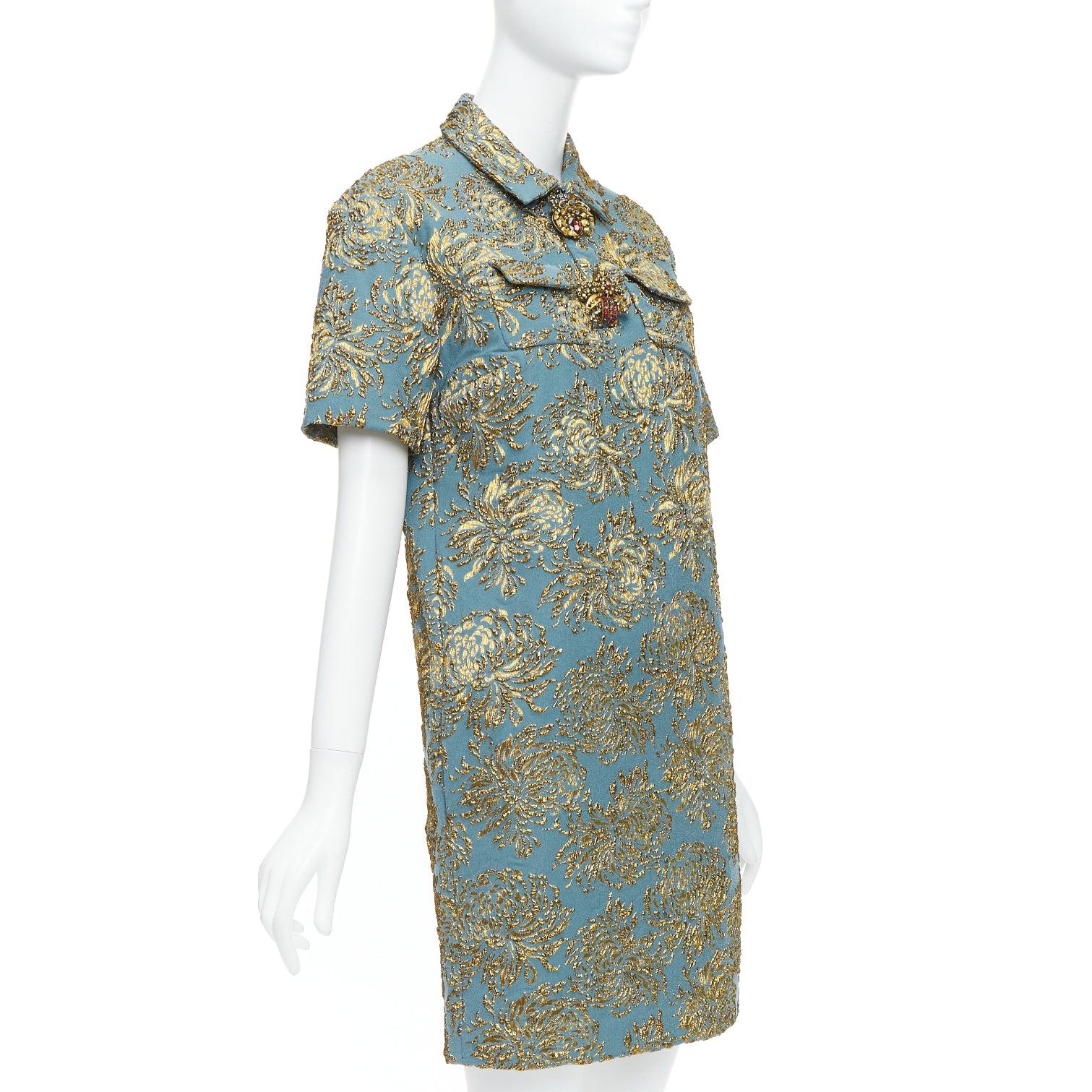 Gray ROCHAS blue gold jacquard beaded insects button dress FR40 L