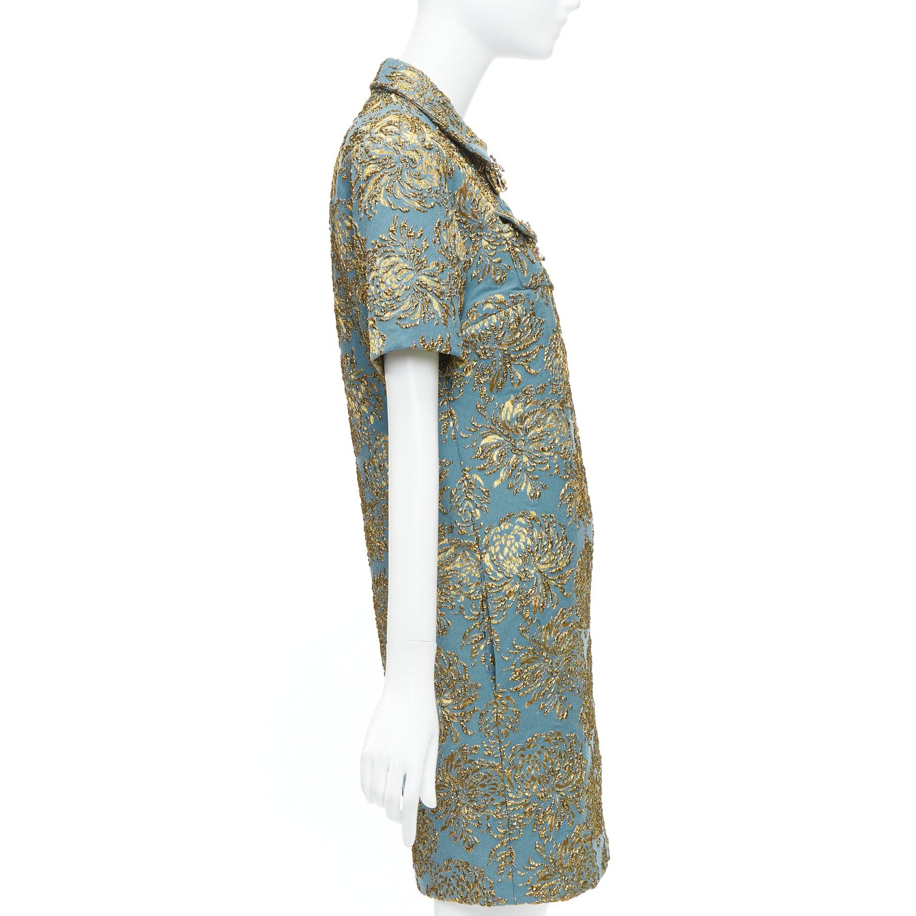 ROCHAS blue gold jacquard beaded insects button dress FR40 L In Excellent Condition In Hong Kong, NT