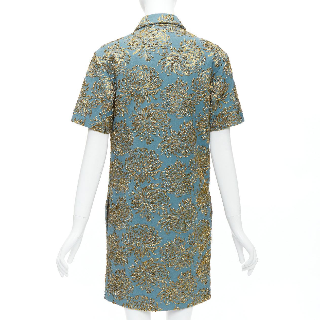 Women's ROCHAS blue gold jacquard beaded insects button dress FR40 L