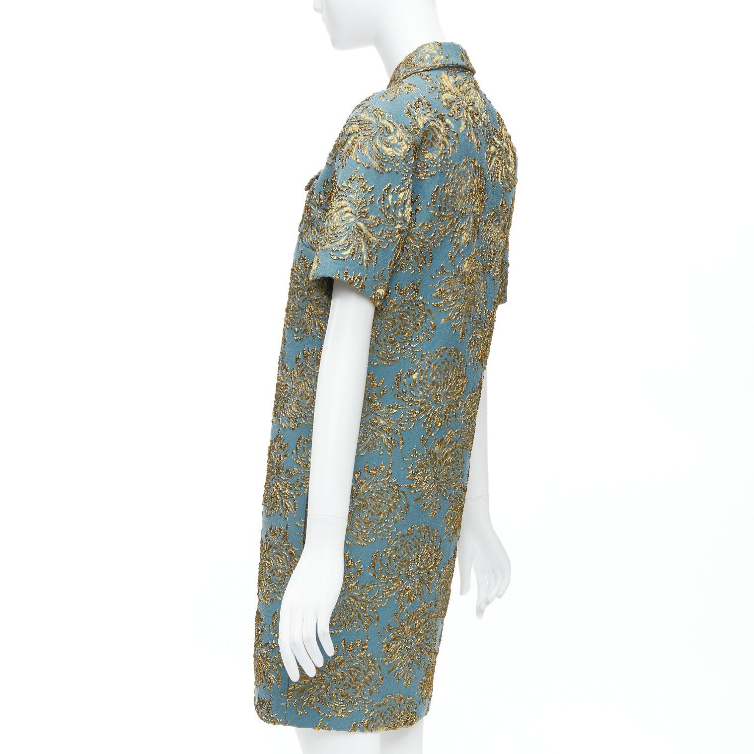 ROCHAS blue gold jacquard beaded insects button dress FR40 L 1