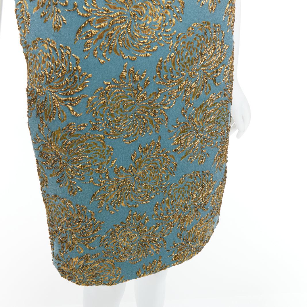 ROCHAS blue gold jacquard beaded insects button dress FR40 L 2