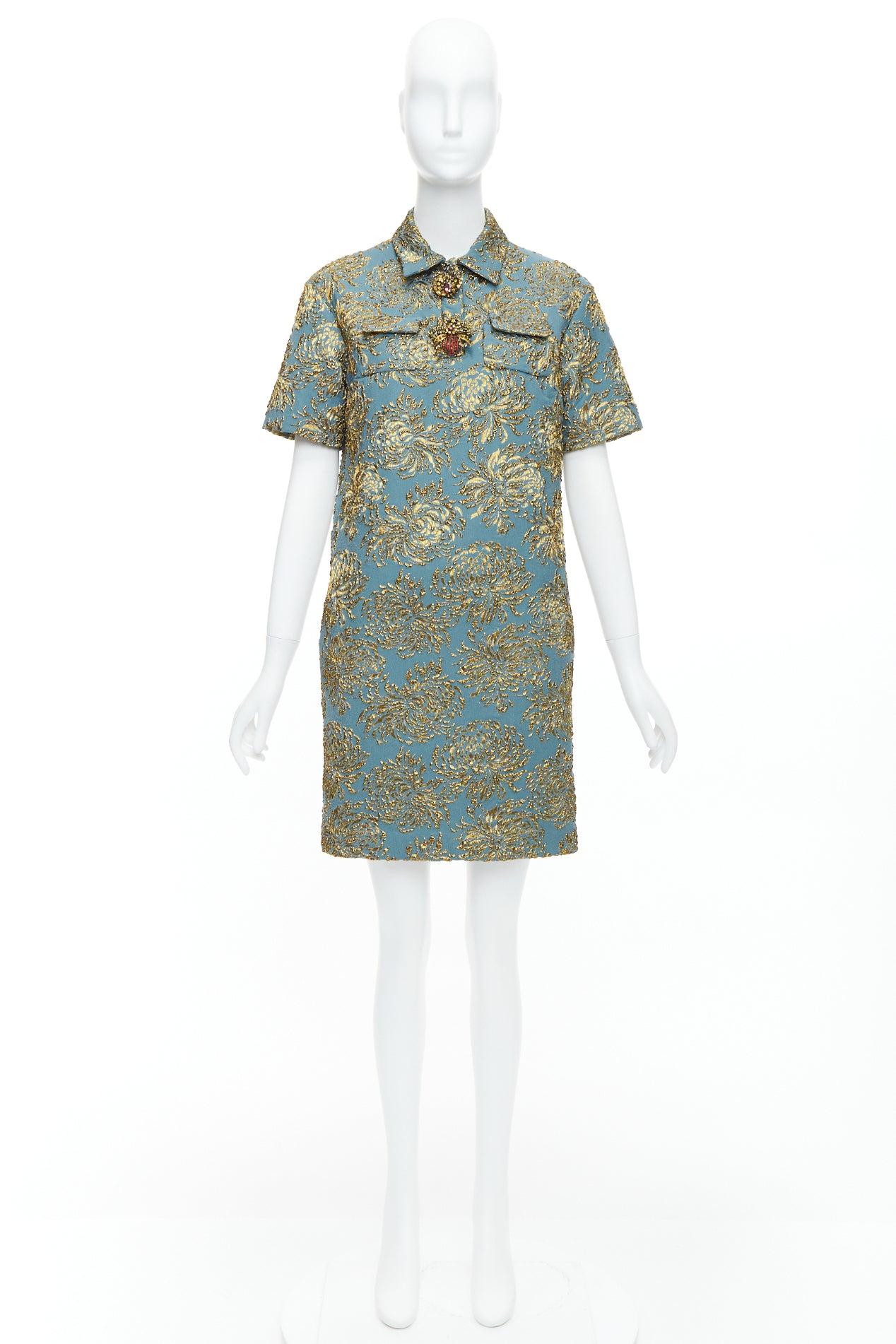 ROCHAS blue gold jacquard beaded insects button dress FR40 L 4