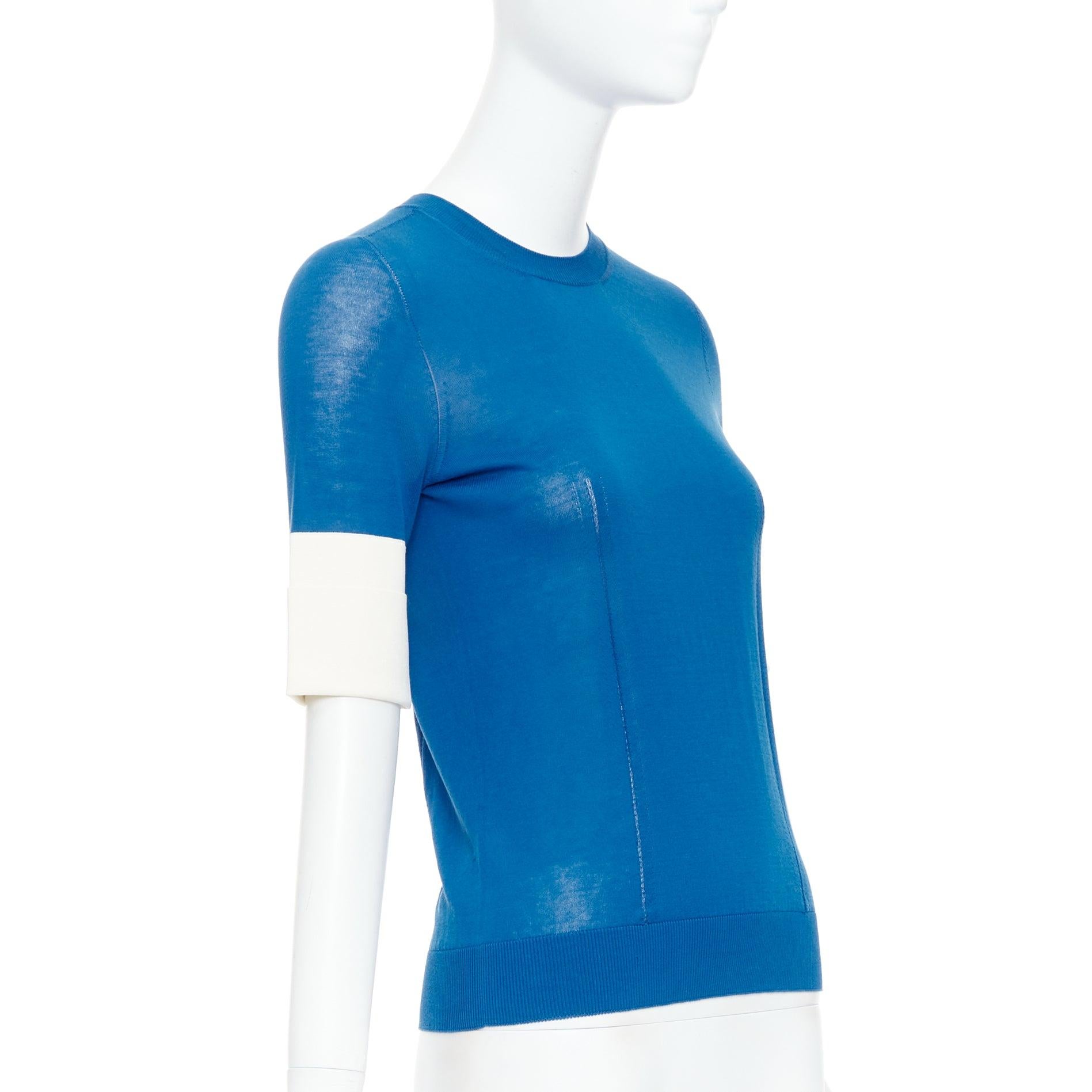 Blue ROCHAS blue half sleeve cream cuff R logo sheer pullover top IT38 XS For Sale