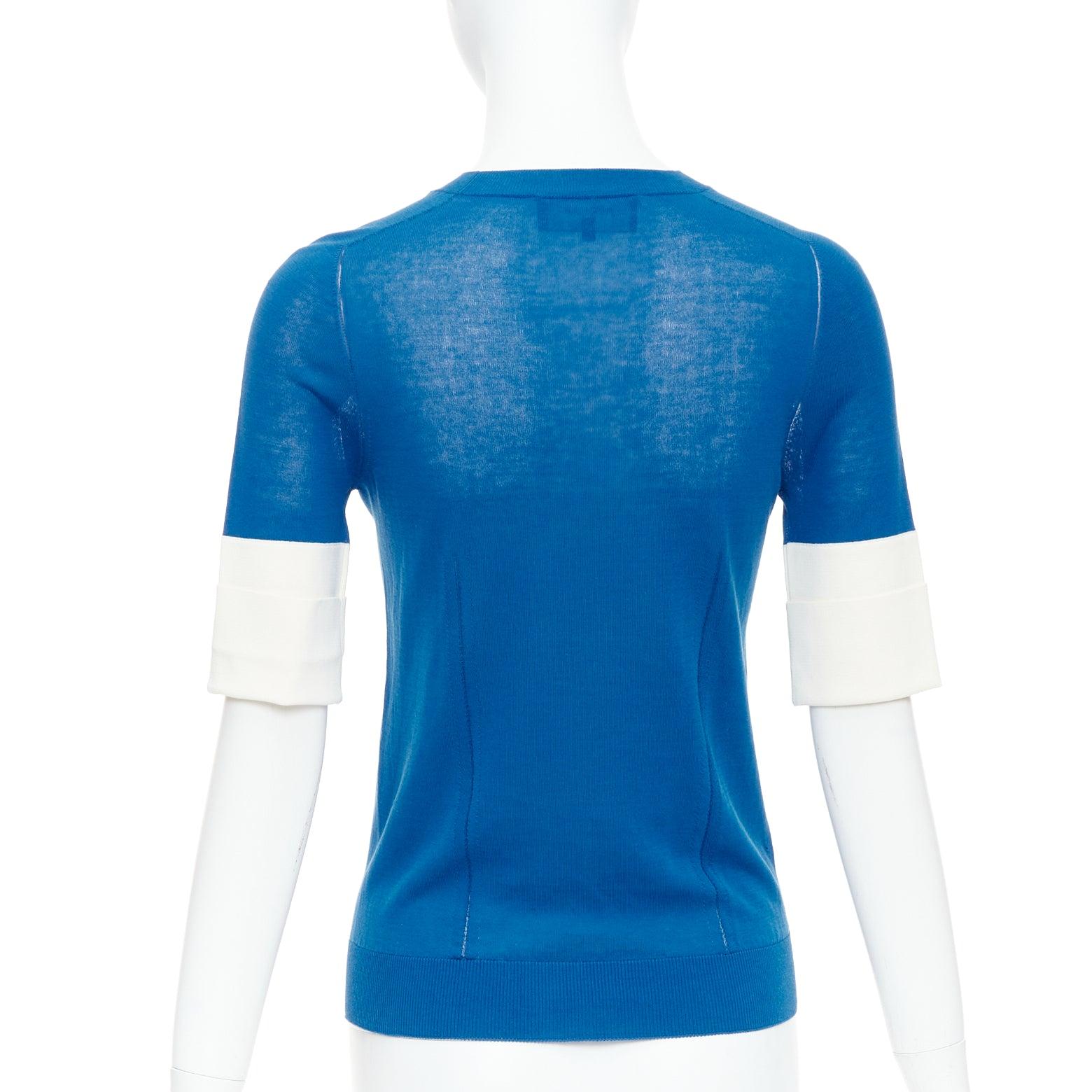 Women's ROCHAS blue half sleeve cream cuff R logo sheer pullover top IT38 XS For Sale